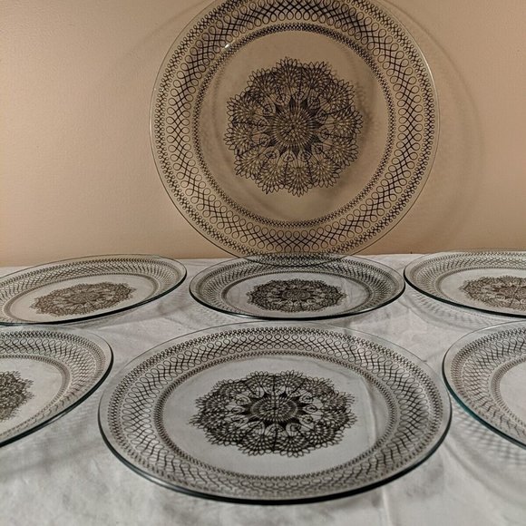 1951 Chance Glass Serving Plate and 6 dessert plates, set of 7 Black Lace - Picture 6 of 13